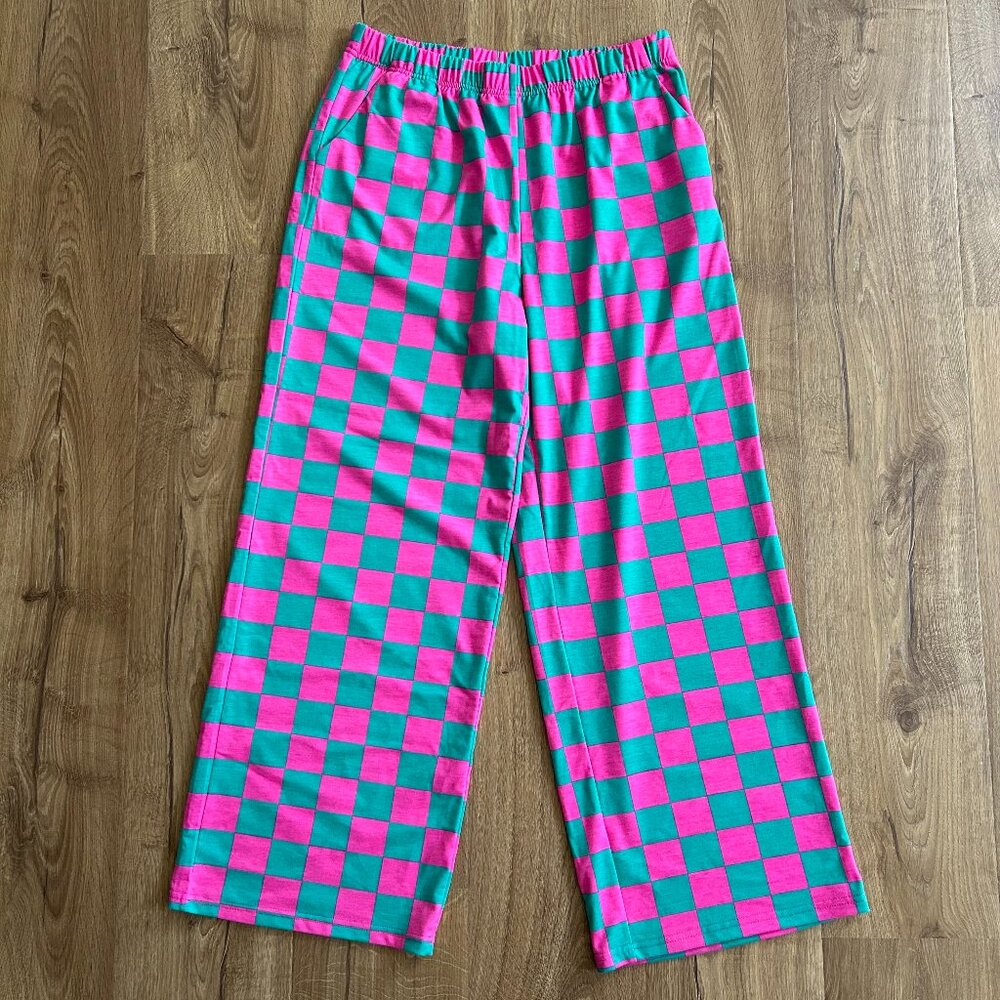 Amazon Pink Teal Checkered Wide Leg Pants Size L Elastic Waist Pockets
